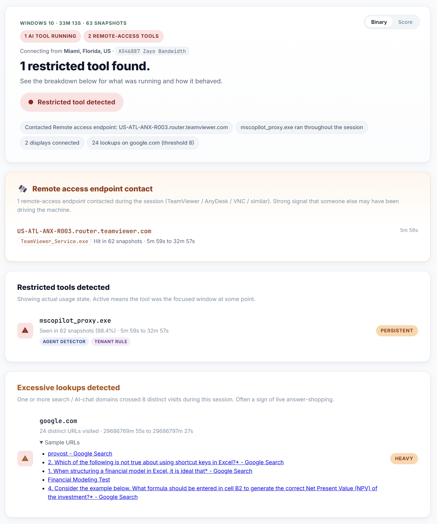Integrity report — restricted tools and remote-access detection