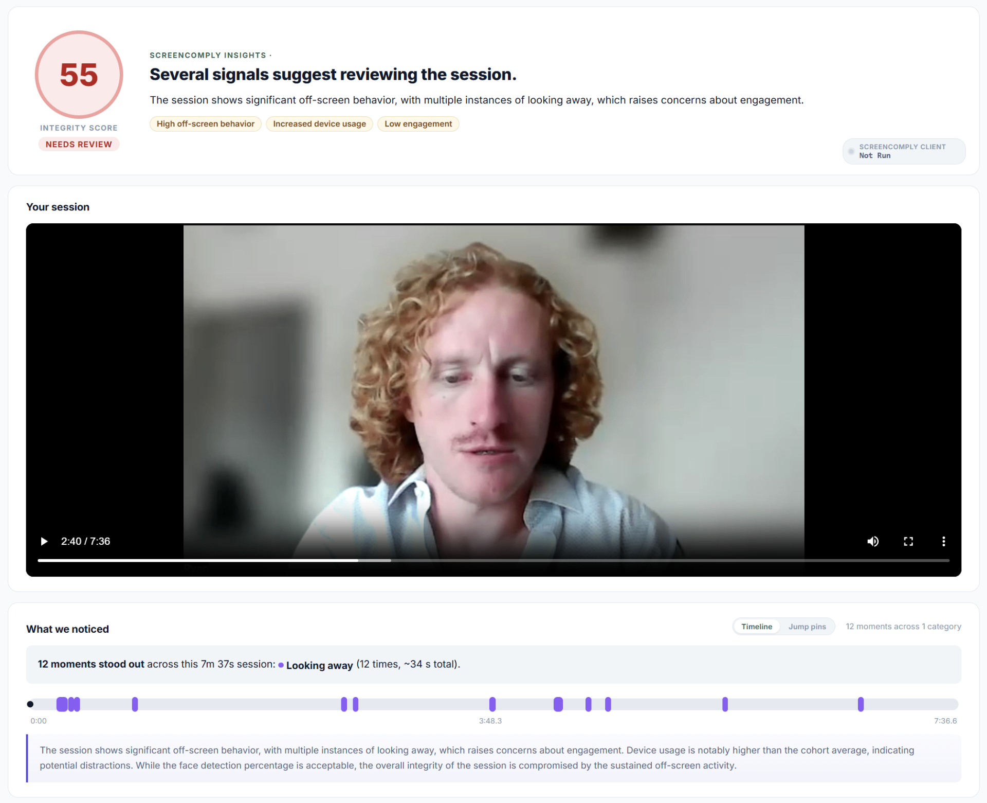Video report — session insights and integrity score
