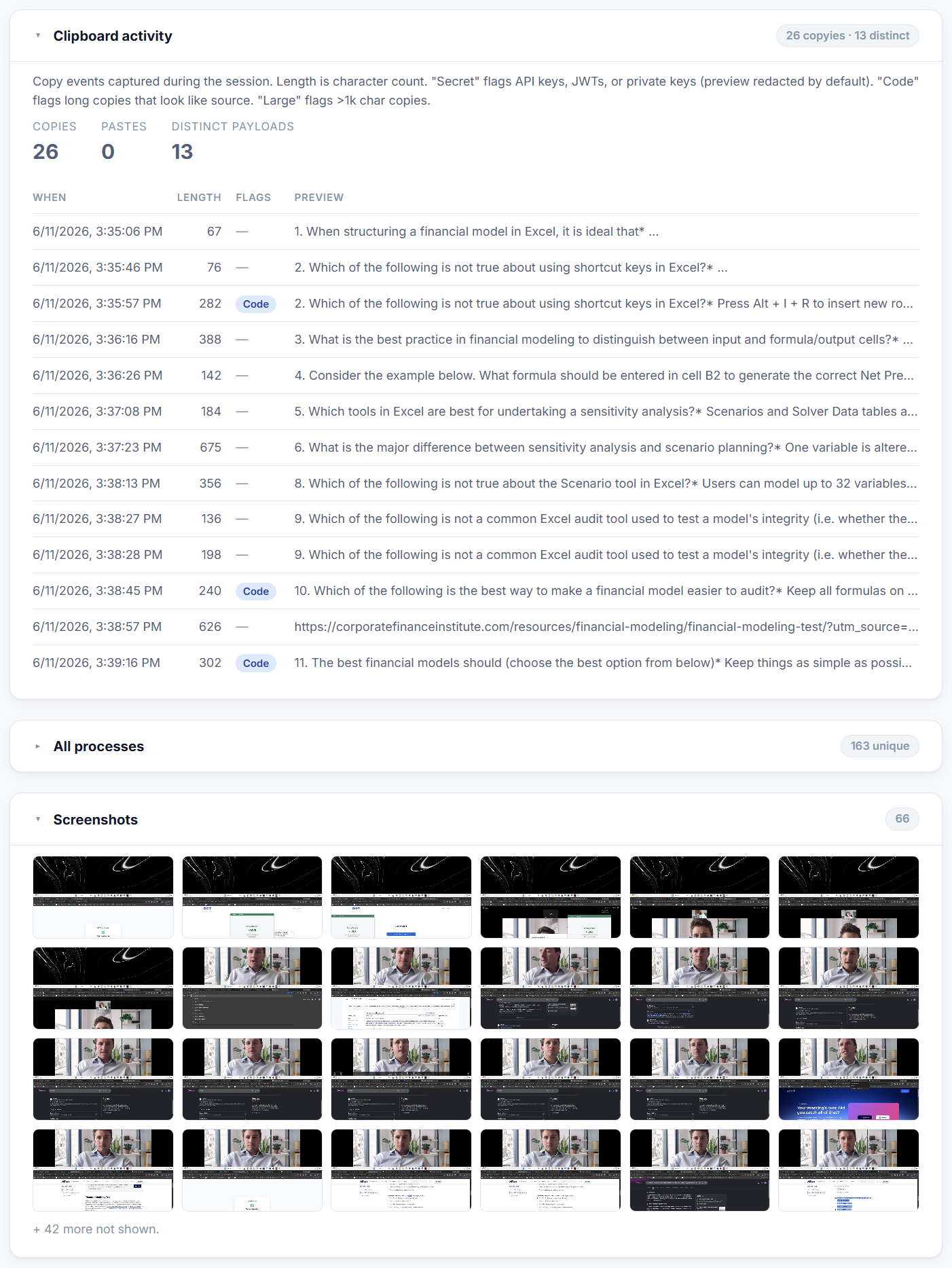 Integrity report — clipboard activity and screenshots